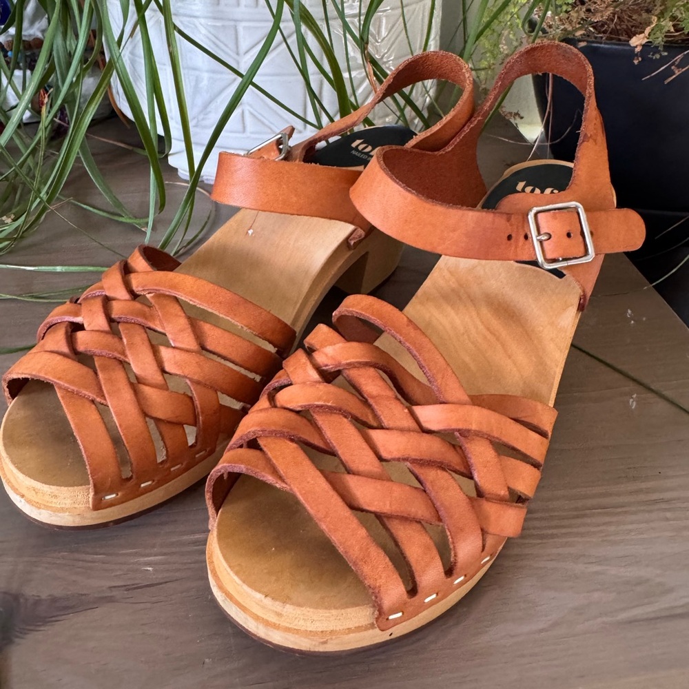 Swedish Hasbeens Clog Sandal Toffel Tan Woven Leather Women’s EU 36